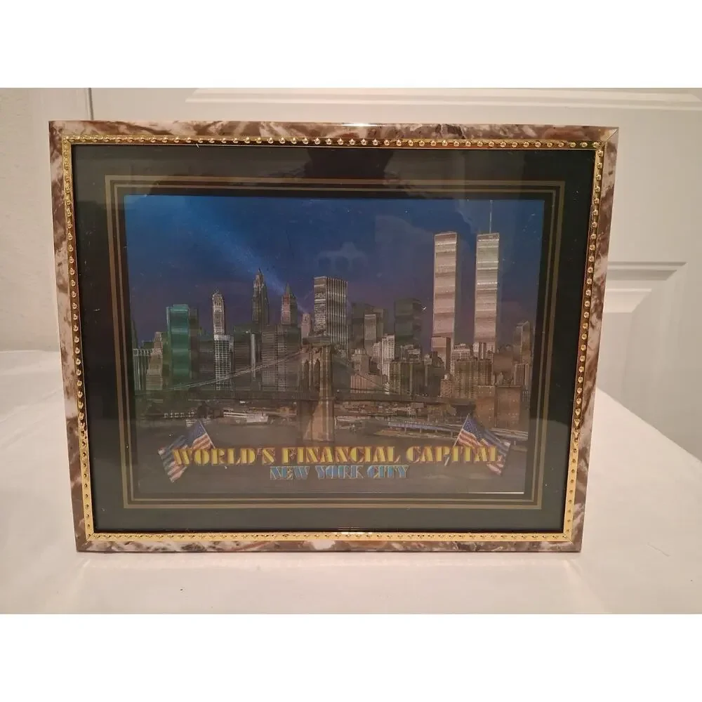 Vintage 80s NYC Twin Towers Holographic Framed Picture World Trade Center...